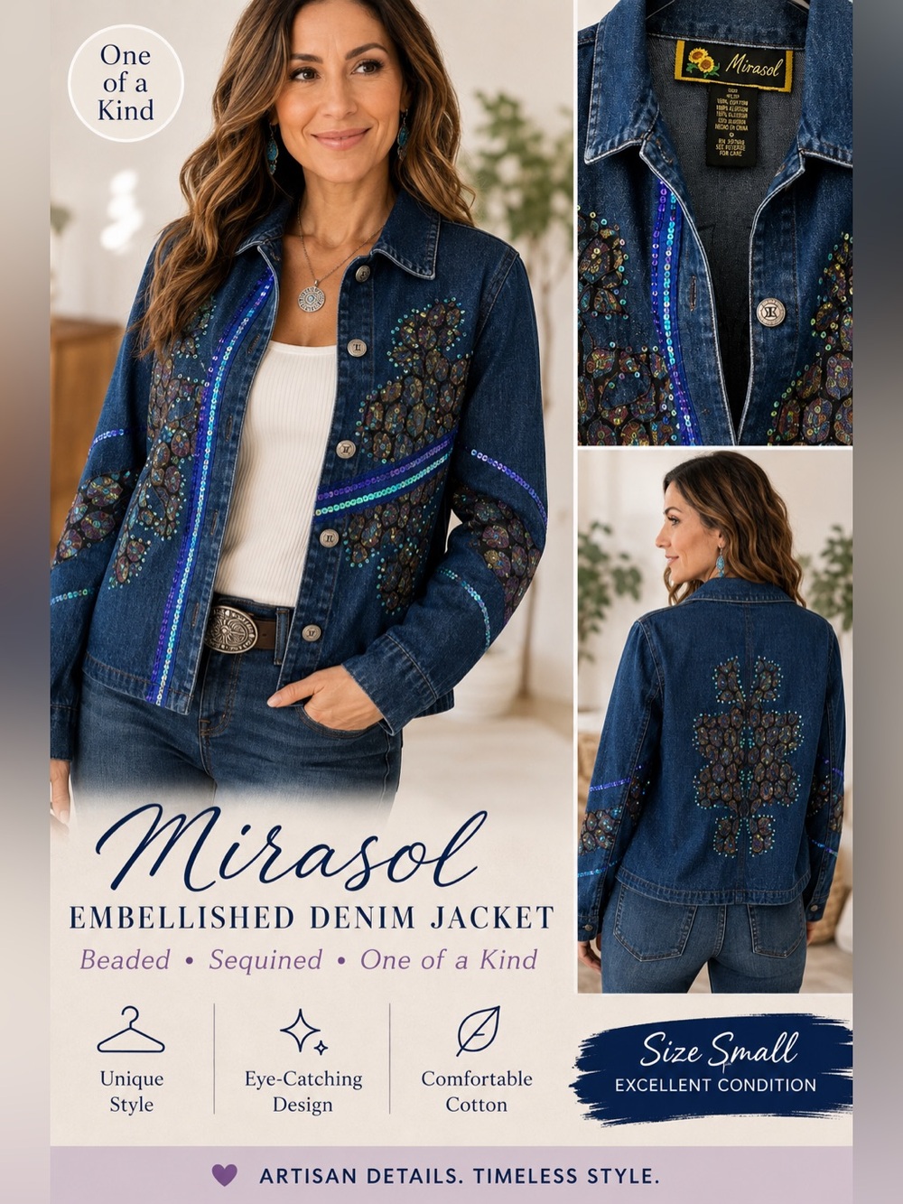 Mirasol Dark Blue Embellished Denim Jacket with Sequin Trim